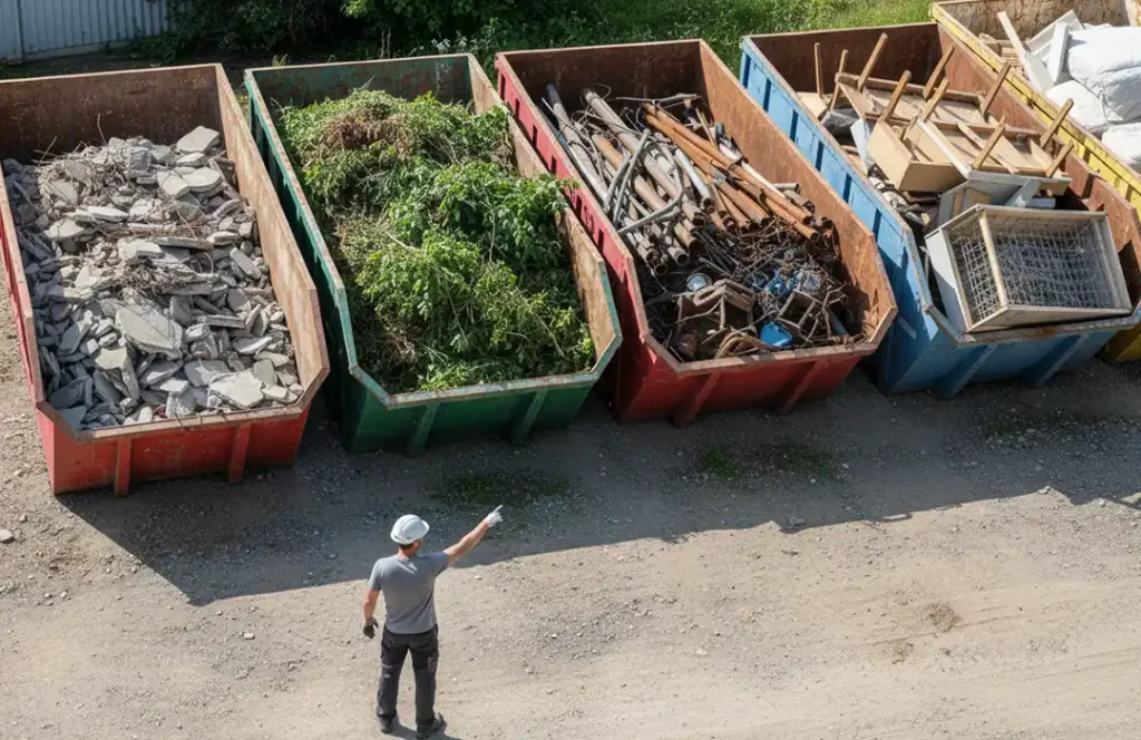 Choisir la bonne benne selon vos déchets Une personne portant un casque pointe du doigt cinq grandes bennes remplies de différents types de déchets - bulles, plantes vertes, métal et bois - vues d'en haut sur un chantier de construction. Choisir la bonne benne selon vos déchets est essentiel.
