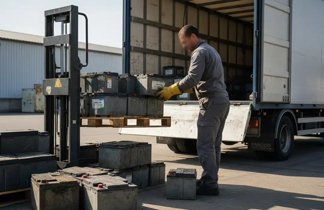 Un ouvrier portant des gants charge des batteries usagées sur une palette de chariot élévateur à côté d'un camion dans une zone industrielle extérieure, démontrant comment se débarasser des batteries usagées en toute sécurité. D'autres piles usagées sont visibles sur le sol à proximité.