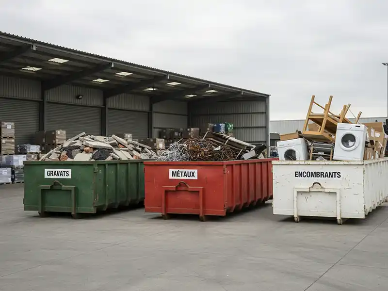 Différents types de benne pour valorisation Un groupe de bennes à ordures contenant des objets métalliques met en évidence différents types de benne pour valorisation des déchets métalliques.