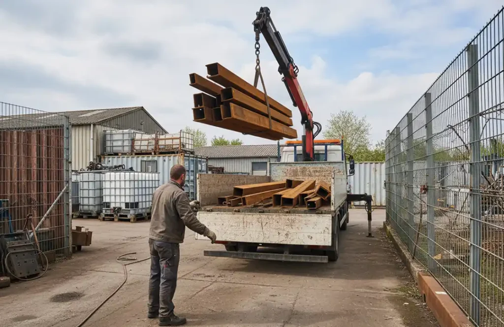Enlèvement de ferraille Un ouvrier se tient près d'un camion à plate-forme pendant qu'une grue effectue un enlèvement de ferraille, soulevant de grandes poutres métalliques du camion dans une cour industrielle entourée de clôtures métalliques et de bâtiments de stockage.
